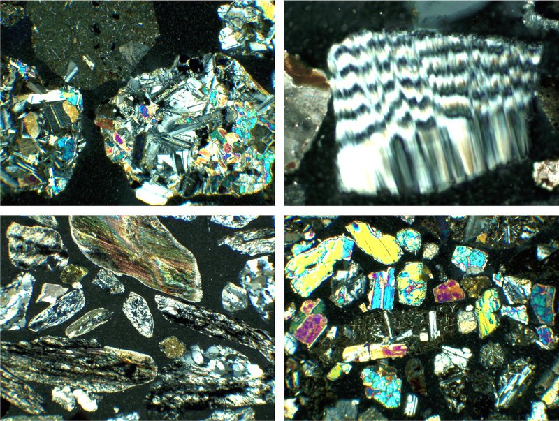 I granuli di sabbia assumono forme e colori diversi e spettacolari, e i minerali che li compongono danno informazioni sulle rocce da cui provengono. Le sabbie nelle quattro foto provengono dall'Isola di Timor in Indonesia.