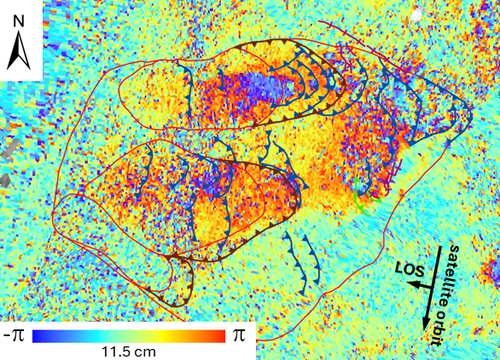 Esempio di interferogramma radar in banda L: le frange di colore indicano differenze di fase del segnale radar, proporzionali alle deformazioni del versante